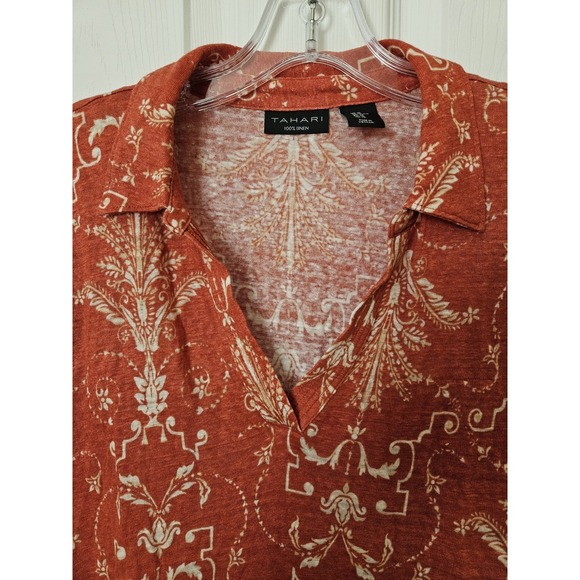 Tahari Women's Orange 100% Linen Stretch Sleeveless Collared V-Neck Top, XL - Picture 3 of 7